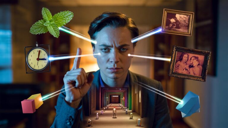 Illustration of memory anchoring techniques linking information to vivid sensory, spatial, and emotional cues to improve recall