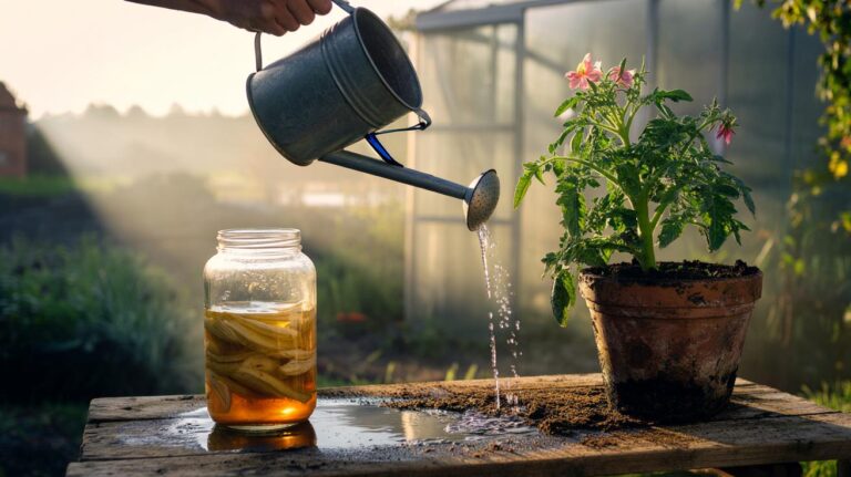 Illustration of banana peels soaking in water overnight and the strained liquid being used to feed plants