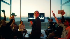 Illustration of a group meeting where one person speaks first, prompting others to join through social proof