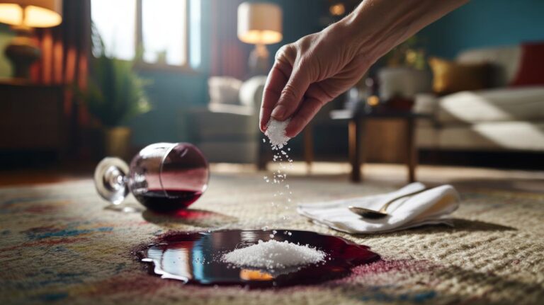Illustration of table salt applied to a carpet stain to lift moisture and pigments within minutes