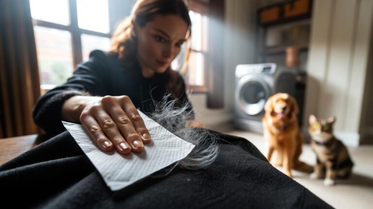 Illustration of a hand using a dryer sheet to remove pet hair from clothing in under two minutes