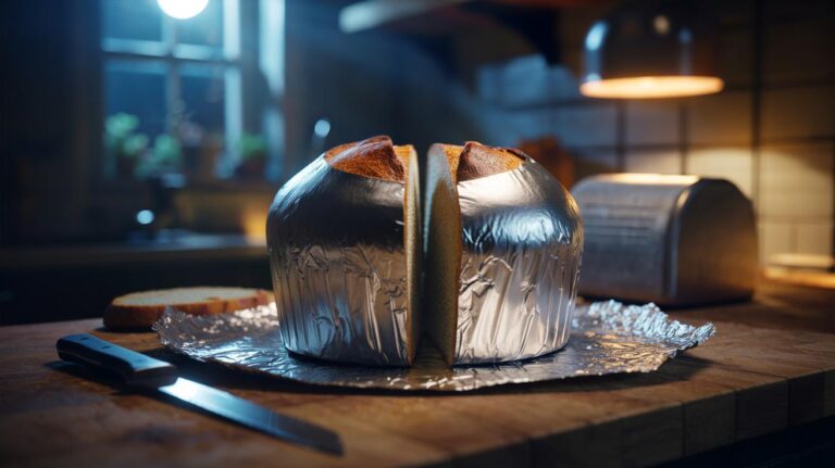 Illustration of a cut loaf of bread wrapped in aluminium foil on a kitchen counter to maintain moisture overnight