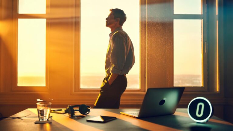 Illustration of a professional briefly standing from a desk to perform a pattern interruption and regain focus