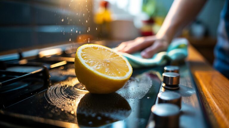 Illustration of a halved lemon and salt being used to clean stubborn grease on a stainless-steel hob